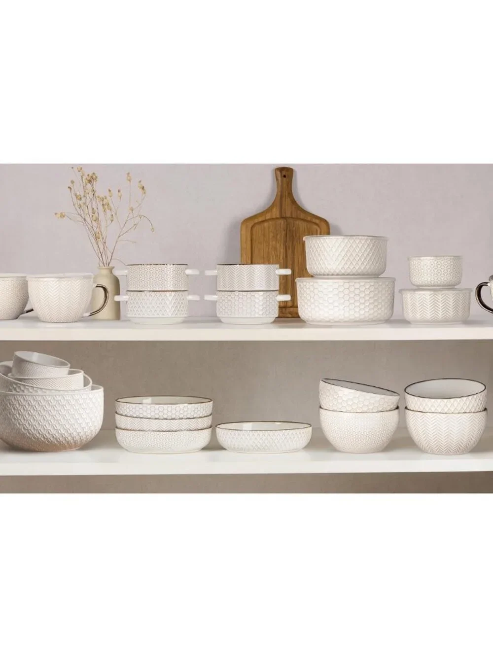 Set of 4 Ivory Ceramic Nesting Bowls with Lids - Embossed Stoneware Kitchenware